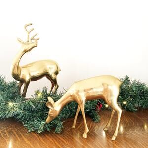 Vintage Heavy Brass Deer Set of 2 Buck Doe Classic Holiday Christmas Decor 13.5”